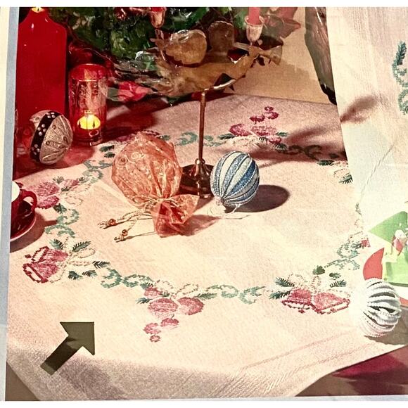 Herrschner's Cross Stitch Kit | Bows and Bells Table Topper 36" Square Holiday - Picture 3 of 10